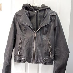 Faux leather jacket with removable hood